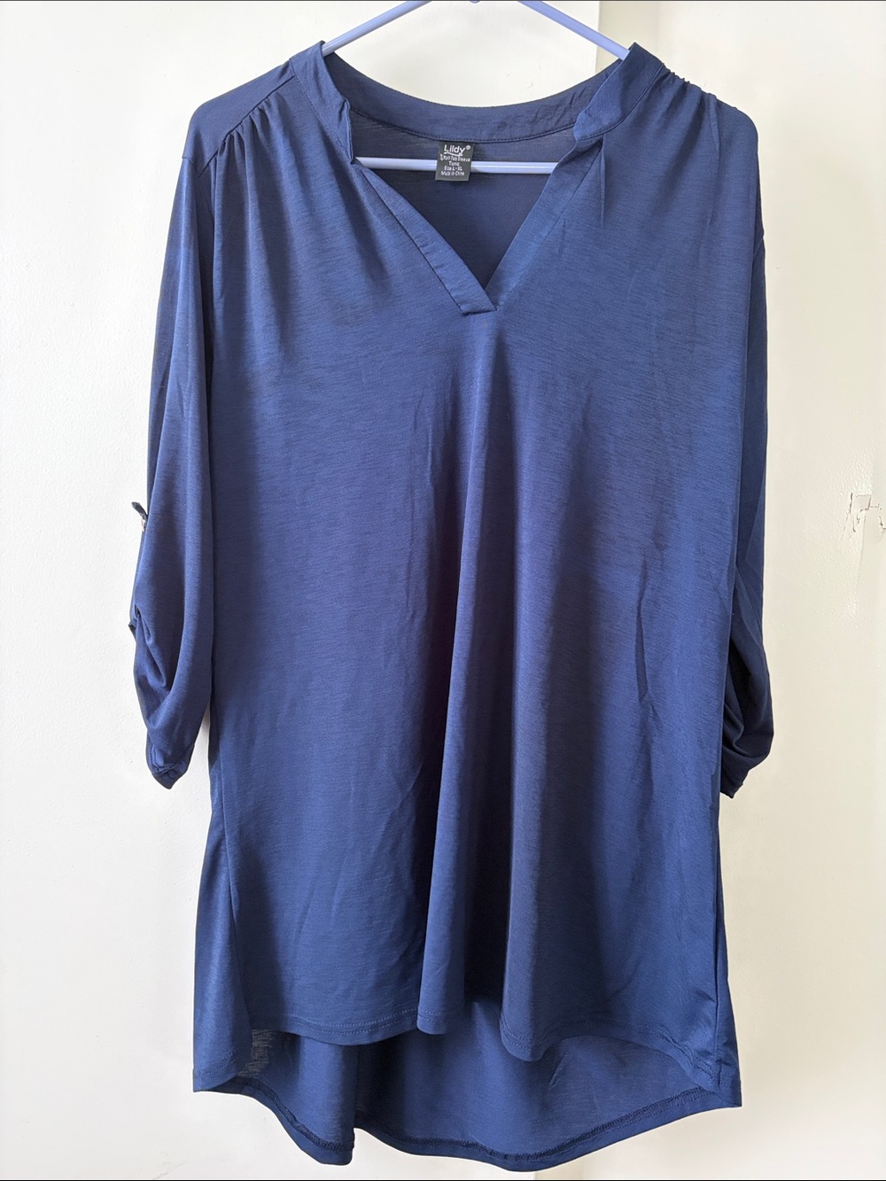 Lisette L Navy V-Neck Roll-Sleeve Tunic